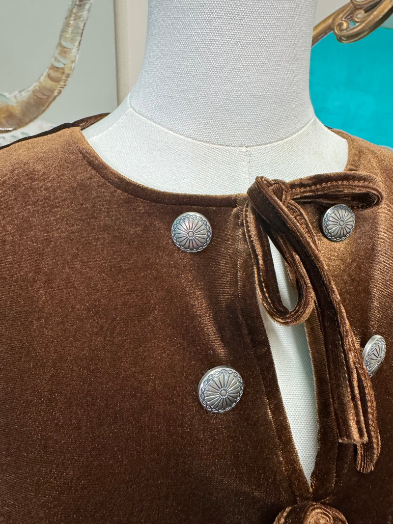 Brown velvet long sleeve peplum top, bow ties & conchos