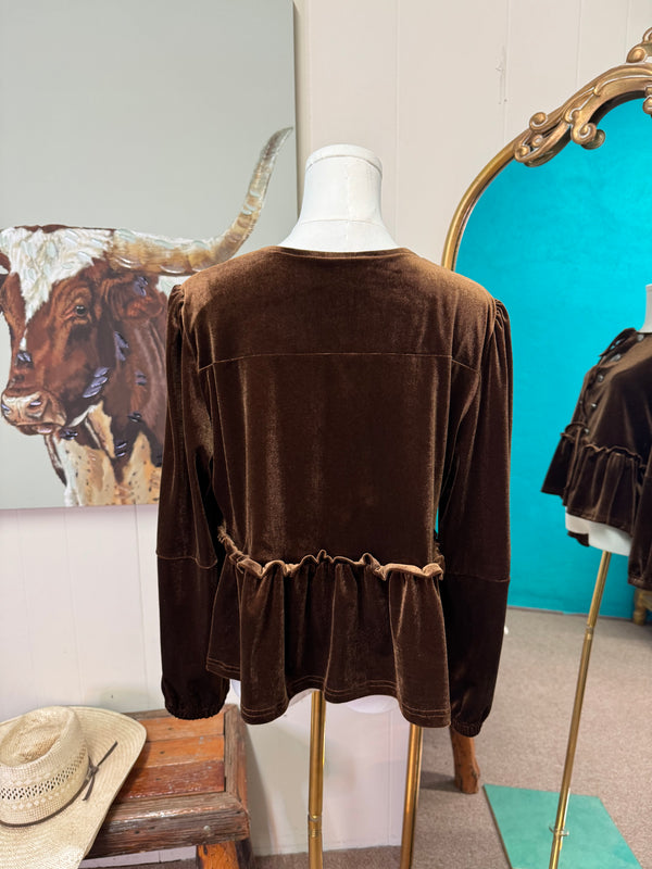 Brown velvet long sleeve peplum top, bow ties & conchos