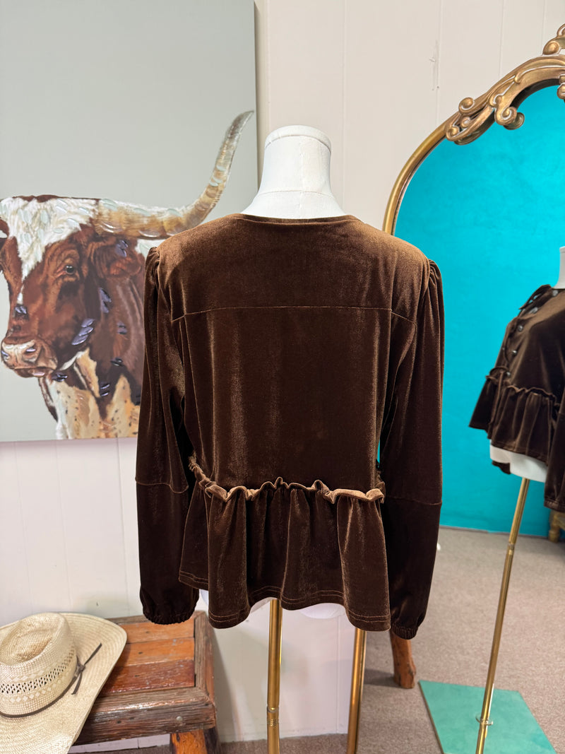 Brown velvet long sleeve peplum top, bow ties & conchos