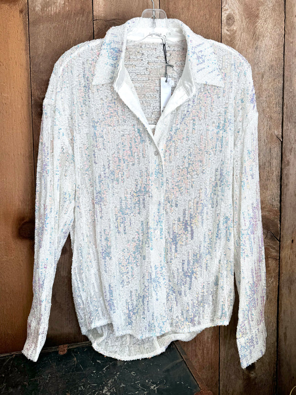 Iridescent sequins long sleeve button up top