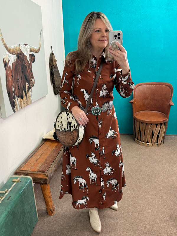 Cotton & Rye Rust Horse Print Button Up Dress