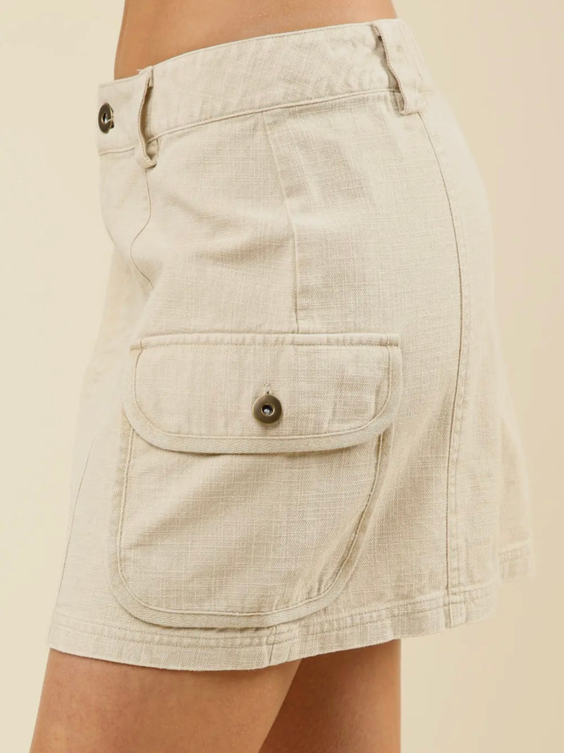 Beige washed cotton cargo mini skirt