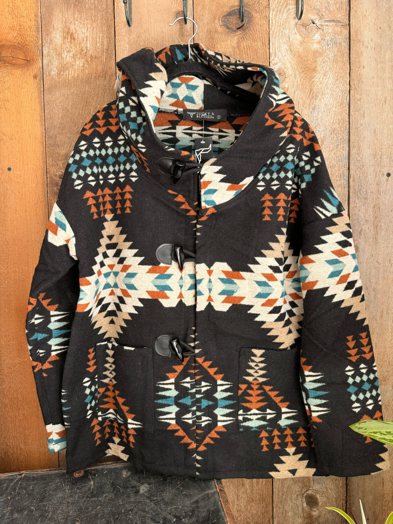 Black Aztec Fleece Hooded Jacket