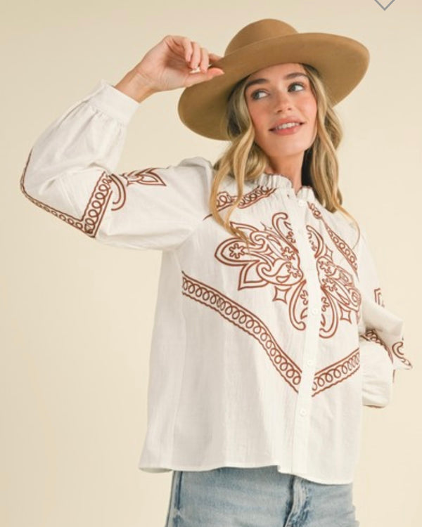 Boho Western Embroidered Ballon Sleeve Button Down