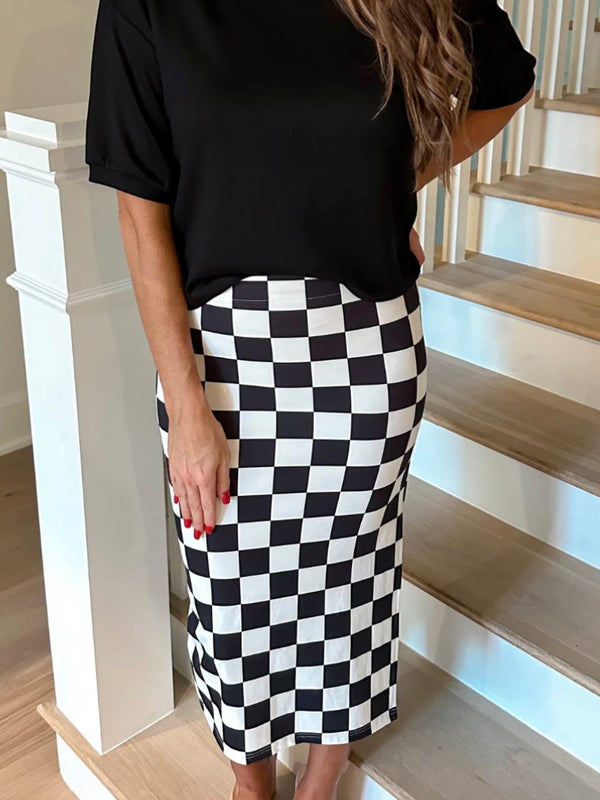 Black & White checker midi skirt with side slit
