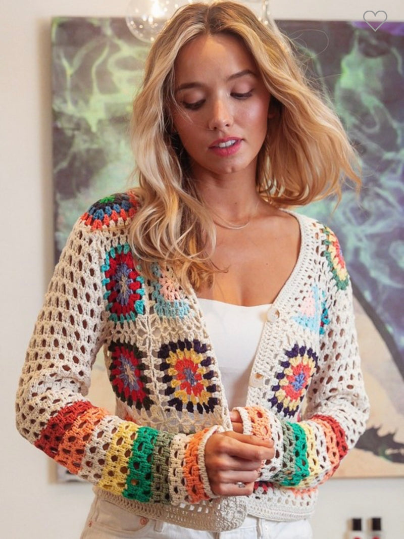 Multi Color Granny Square Crochet Cardigan