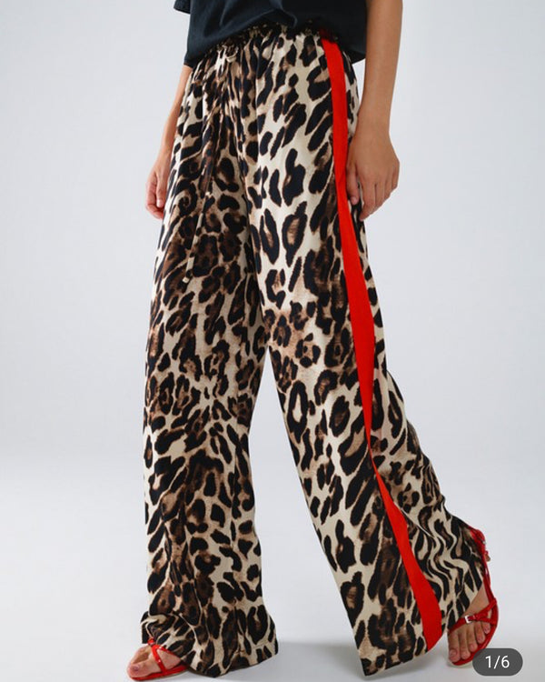 Leopard Wide Leg Pant W/Red Ribbon Stripe