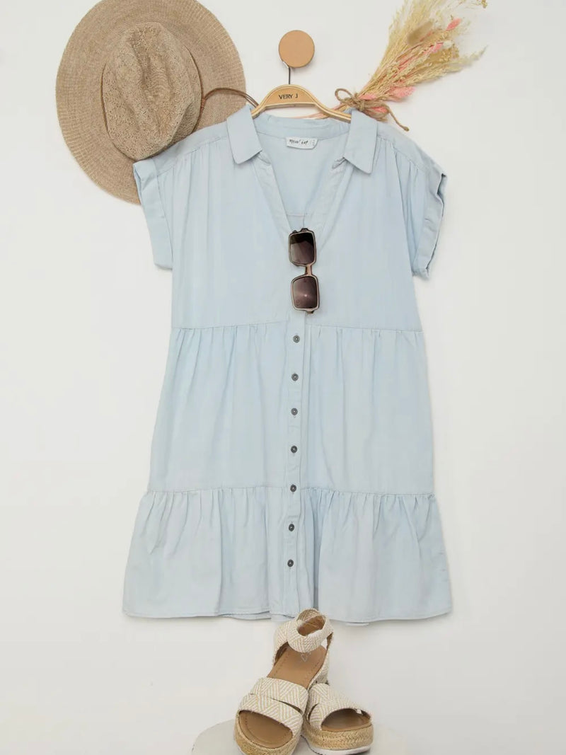 Denim Shirt Tiered Mini Dress