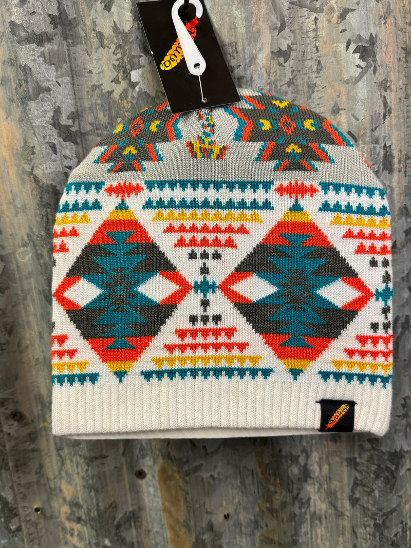 Turquoise and coral Aztec beanie