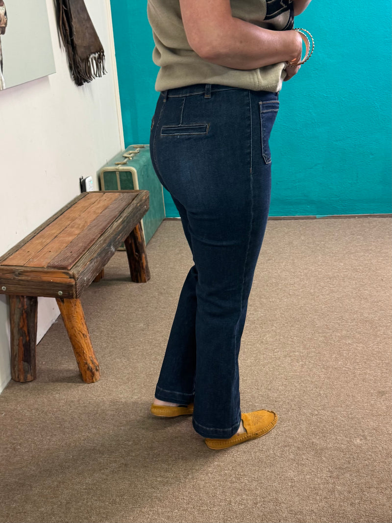 Risen High Rise Bootcut with Front Crease Seam and Patch Pockets