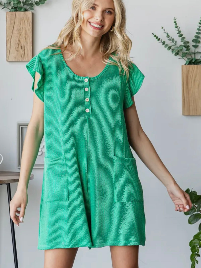 Kelly Green Ruffle Sleeve Rib Romper