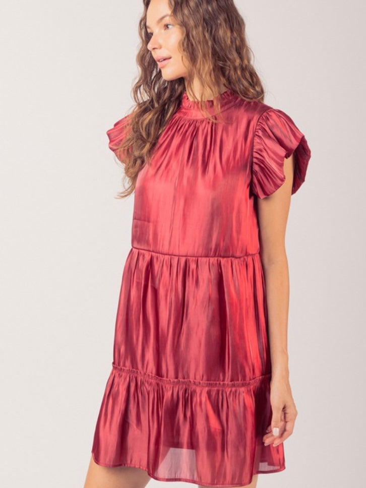 High Ruffle Neck Shiny Mini Dress **4 color options