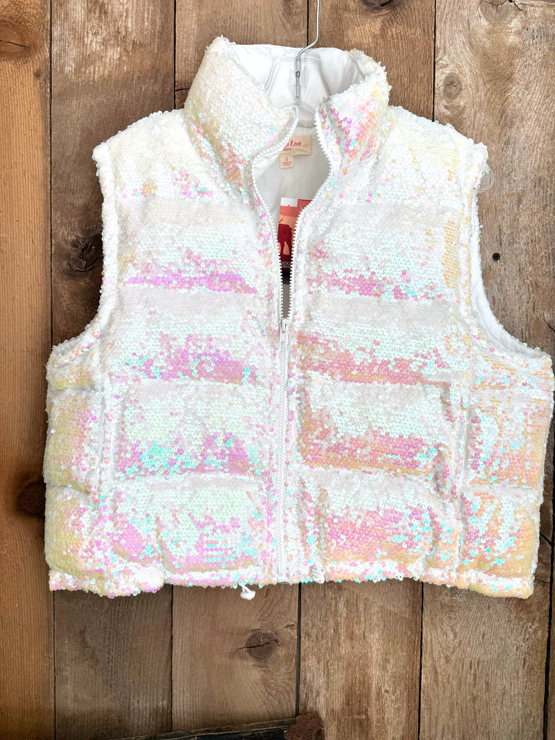 Iridescent white sequin puffer vest