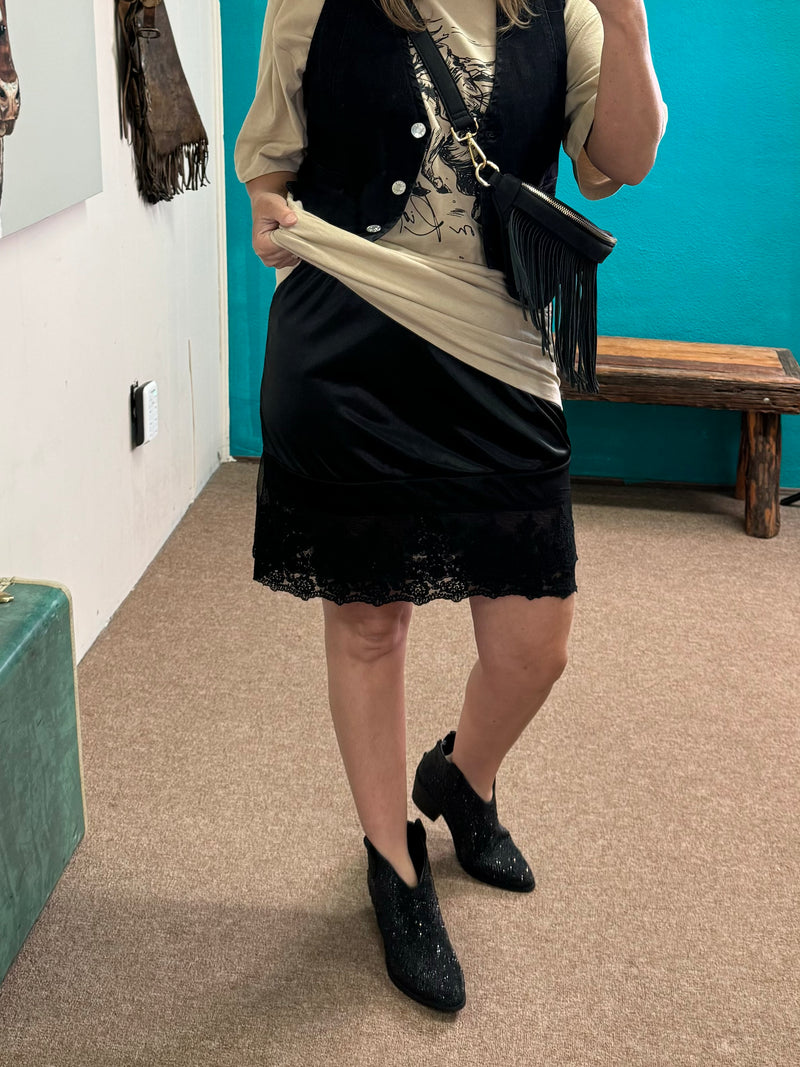 Black Lace Satin Half Slip Skirt Extender – Rockin A Design TX Black Lace Satin Half Slip Skirt Extender – Rockin A Design TX