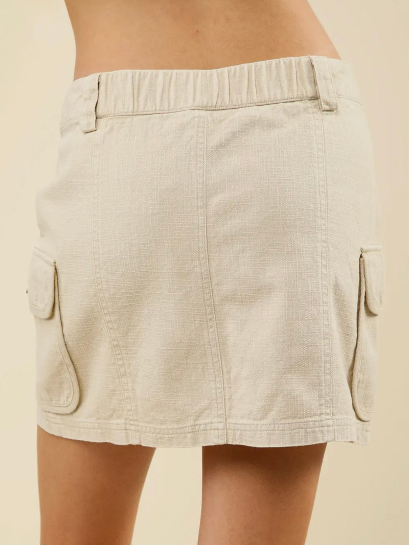 Beige washed cotton cargo mini skirt