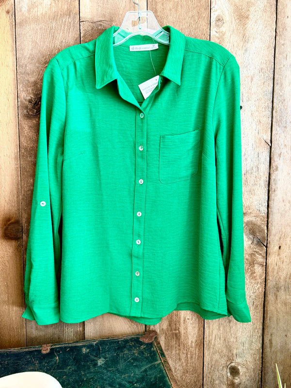 Green Button Down Blouse with Rolled Tab Sleeve