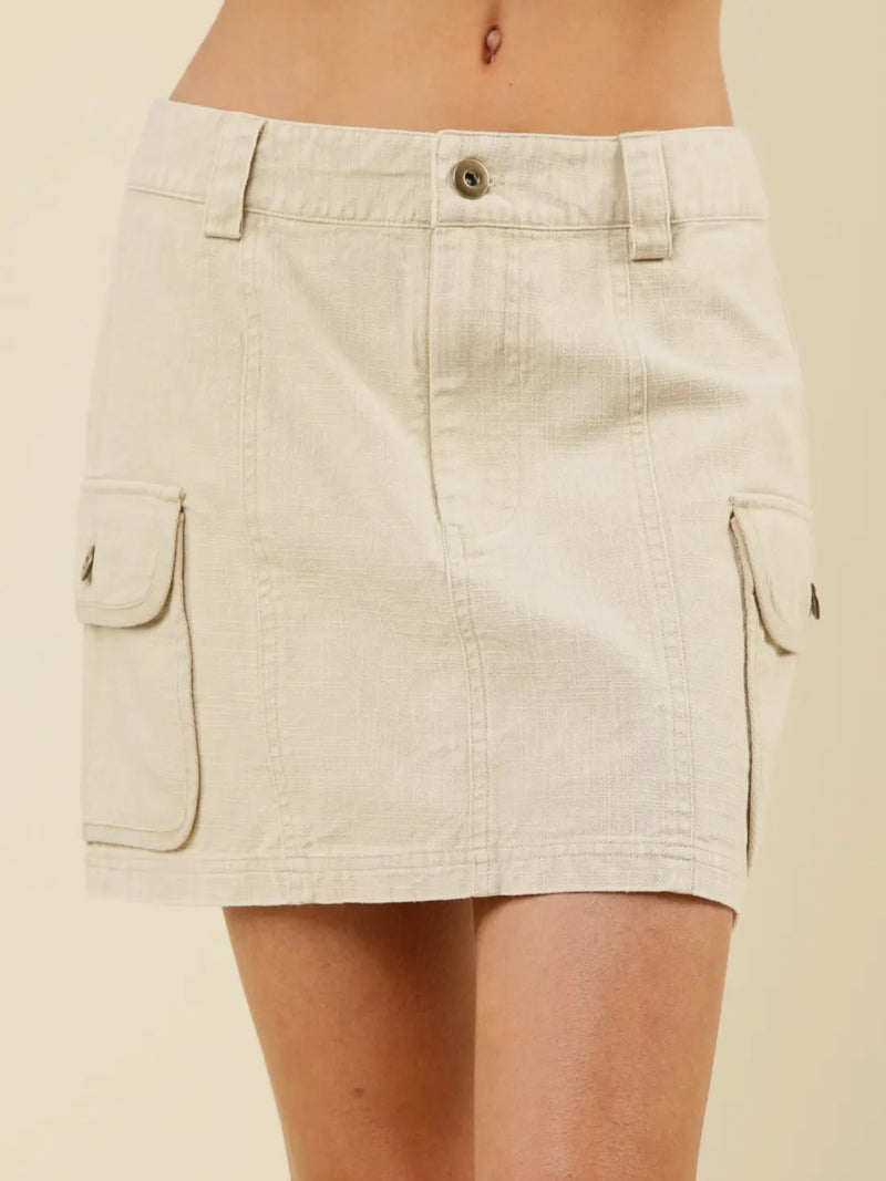 Beige washed cotton cargo mini skirt