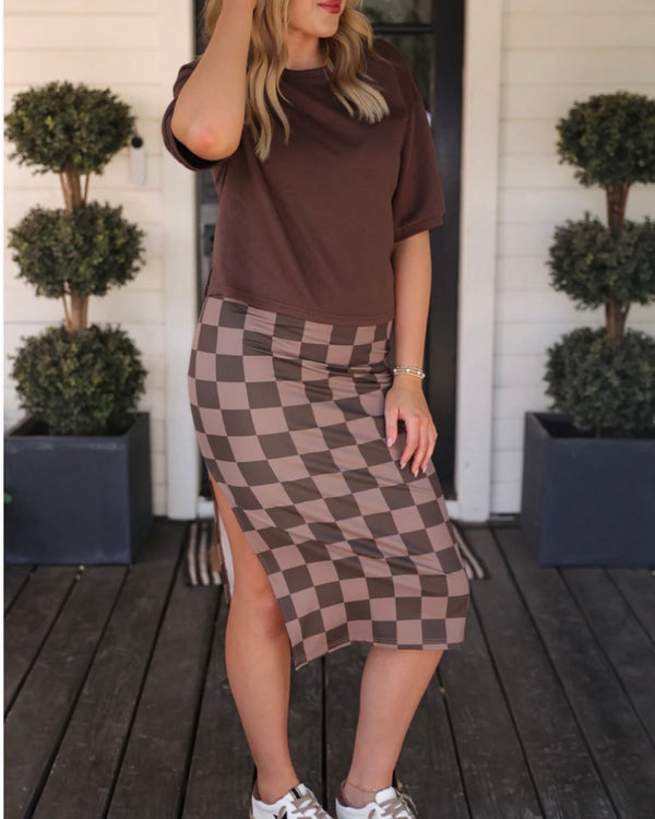 Chocolate checker midi skirt with side slit