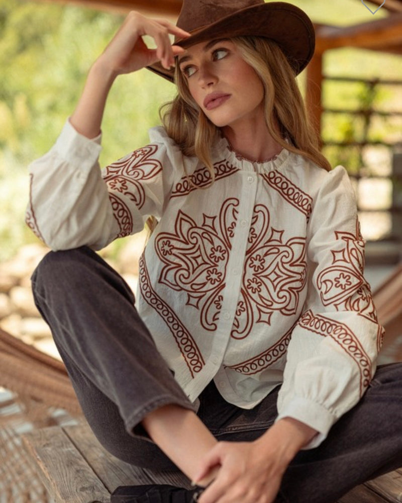 Boho Western Embroidered Ballon Sleeve Button Down