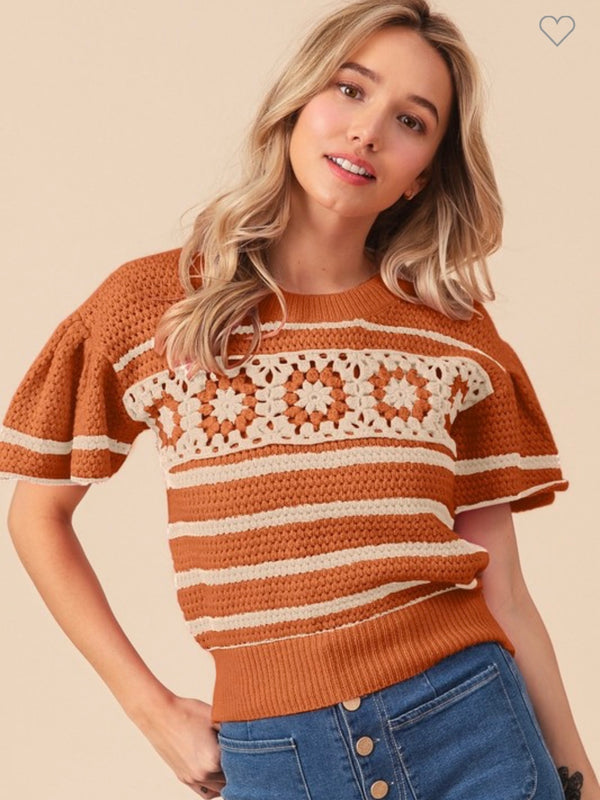 Rust Granny Square Ruffle Sleeve Crochet Sweater