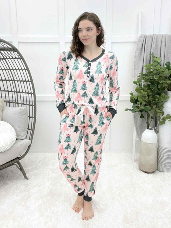 Shirley & Stone Pink Tree Sleeve Jogger Pajama Set