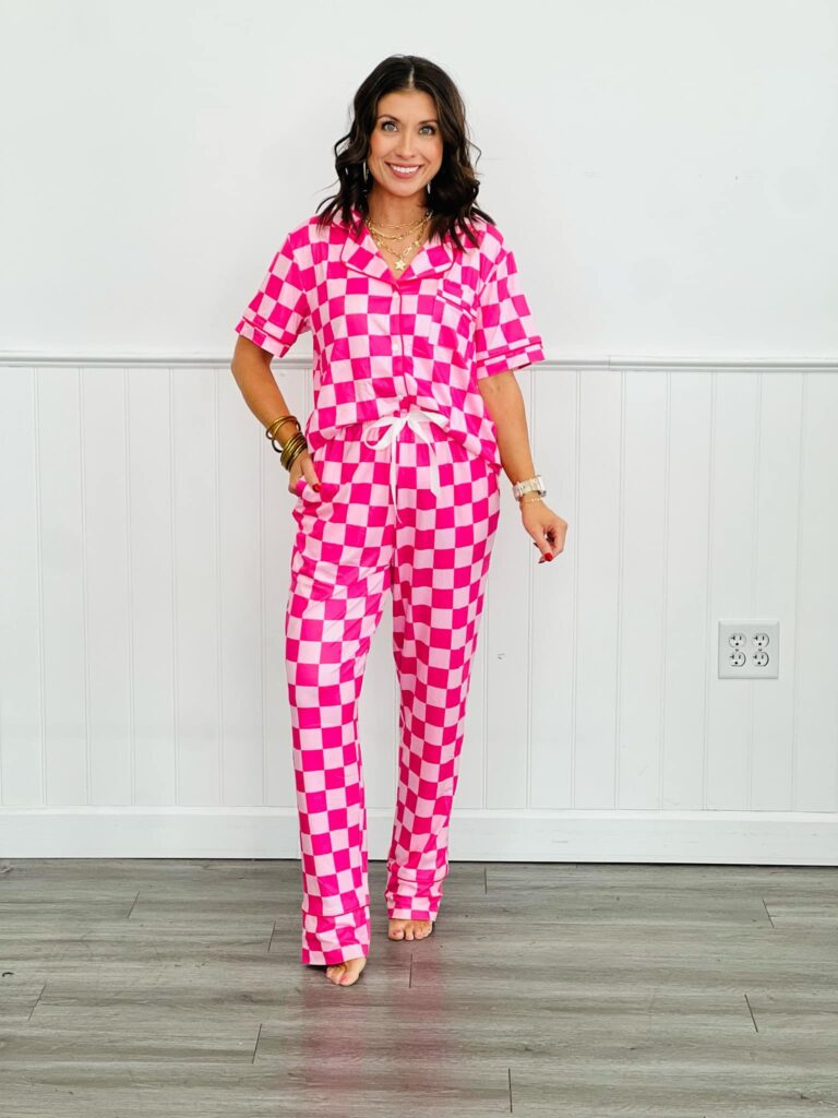 Shirley & Stone Pink Checker Button Down Pant set Pajamas