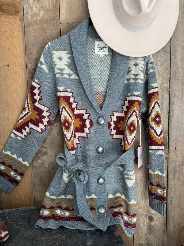 Cotton & Rye Gray Aztec Belted Cardigan CRK926