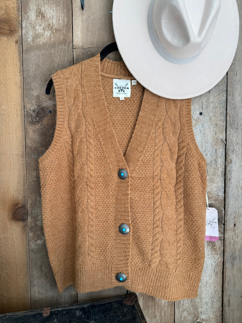 Cotton &  Rye Camel Cable Front Vest with Concho buttons