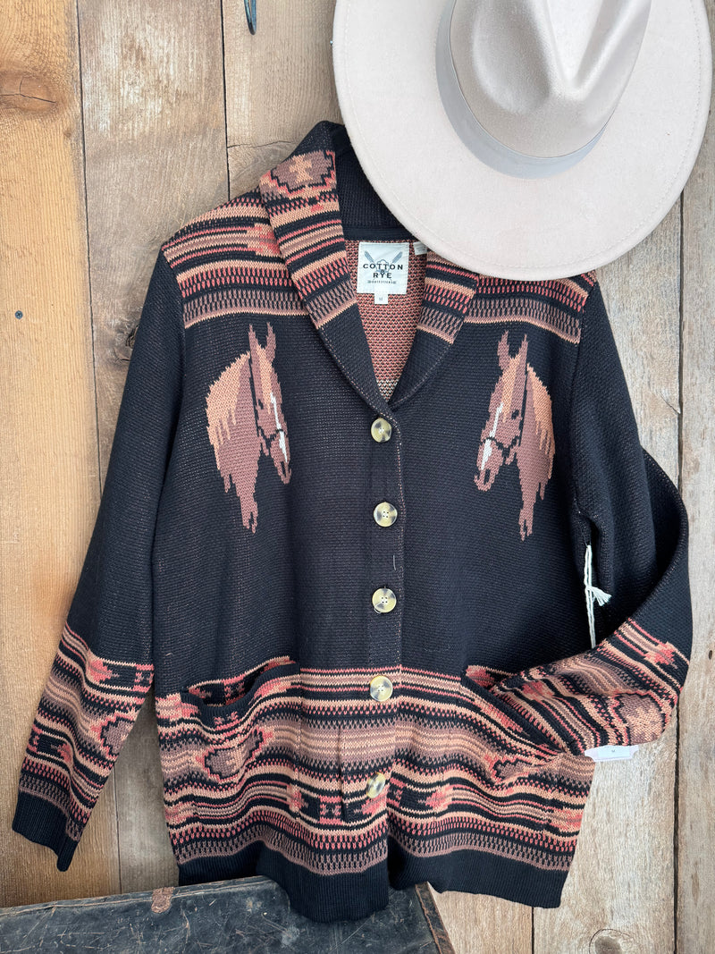 Cotton & Rye Black Cardigan with Horse