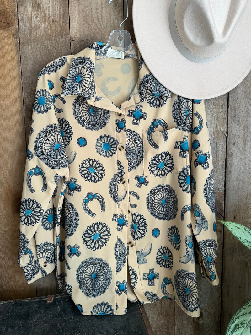 Turquoise Concho Print long Sleeve Button Down Shirt