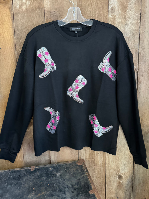 Sequins Cowboy Boots Long Sleeve Top