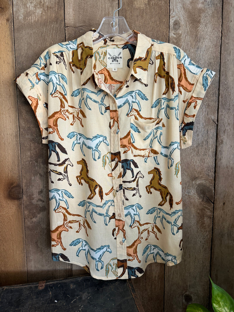 Cotton & Rye Wild Horses Short Sleeve Button Down Top