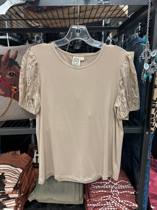 Tan Elegance Ribbed Tee With Lace With Puff Sleeve