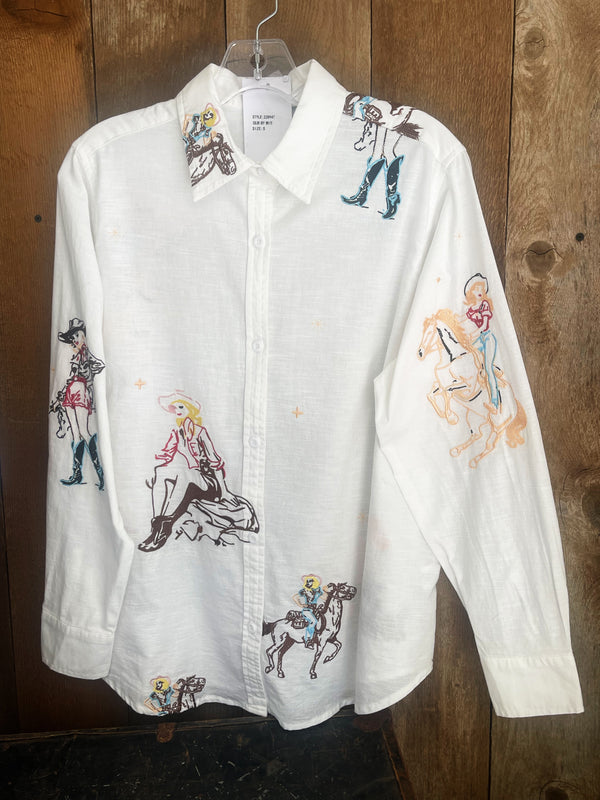 Embroidered Western Button up Linen Shirt