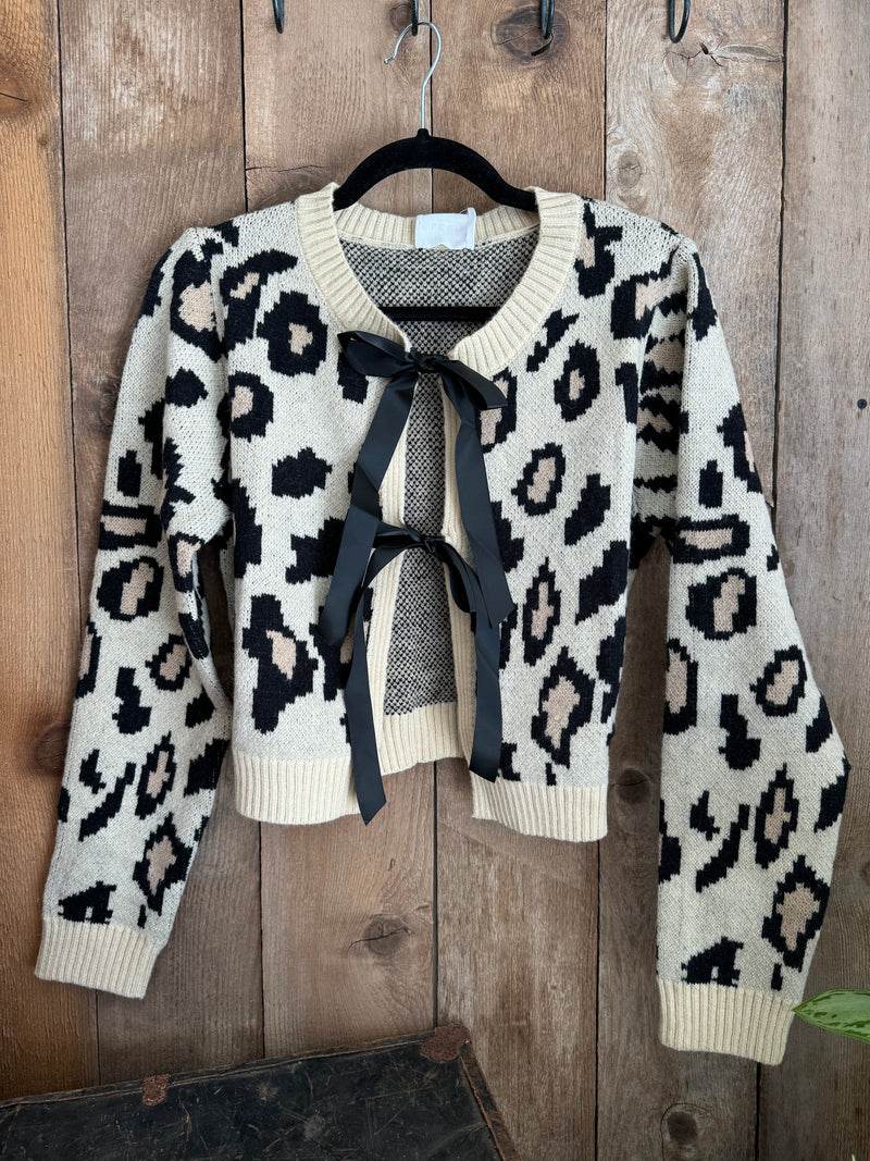 Leopard long sleeve cardigan sweater with ribbon closure