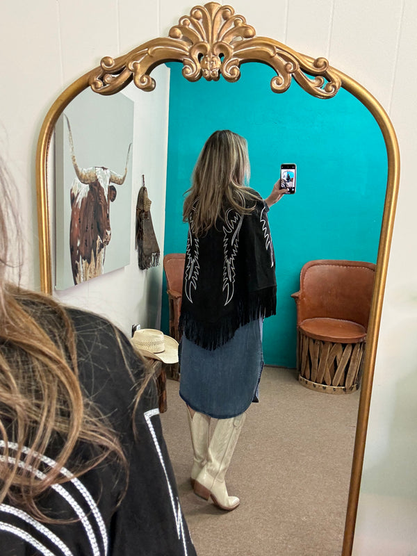 Black Suede Boot Stitch Embroidered Fringe Suede Cape