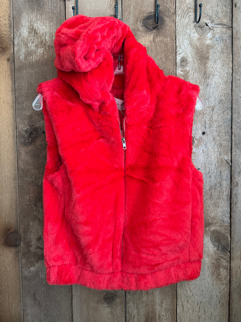 Red Faux Fur Vest with Hoodie