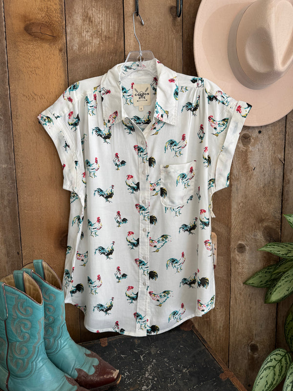 Cotton & Rye Rooster print short sleeve blouse
