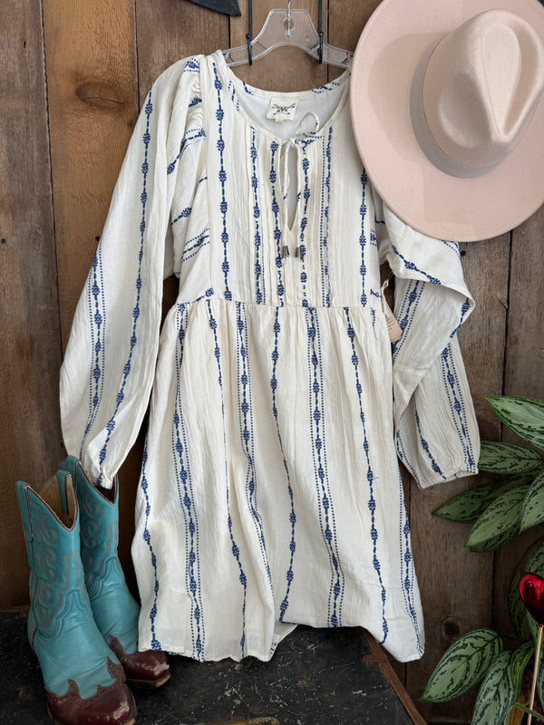 Cotton & Rye Cream gauze dress with blue embroidery