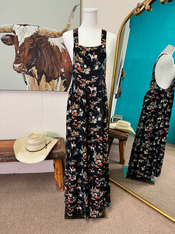 Turquoise Haven Ruffle Romper Black Wagon Overalls