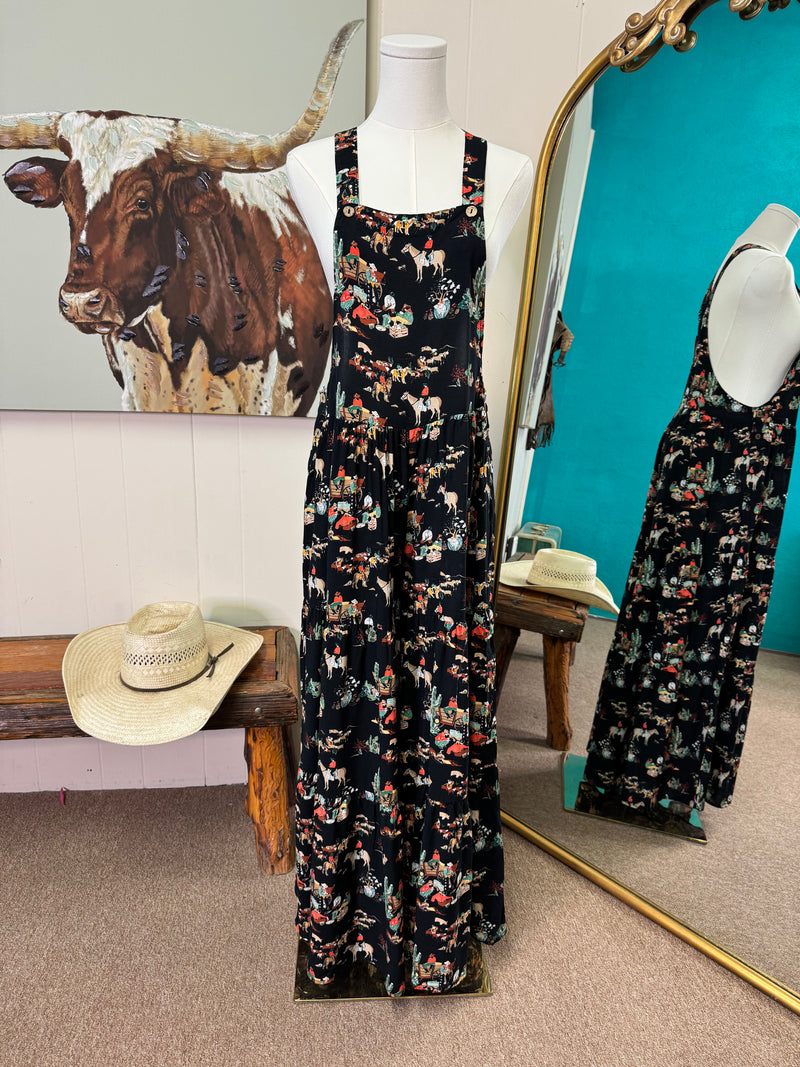 Turquoise Haven Ruffle Romper Black Wagon Overalls