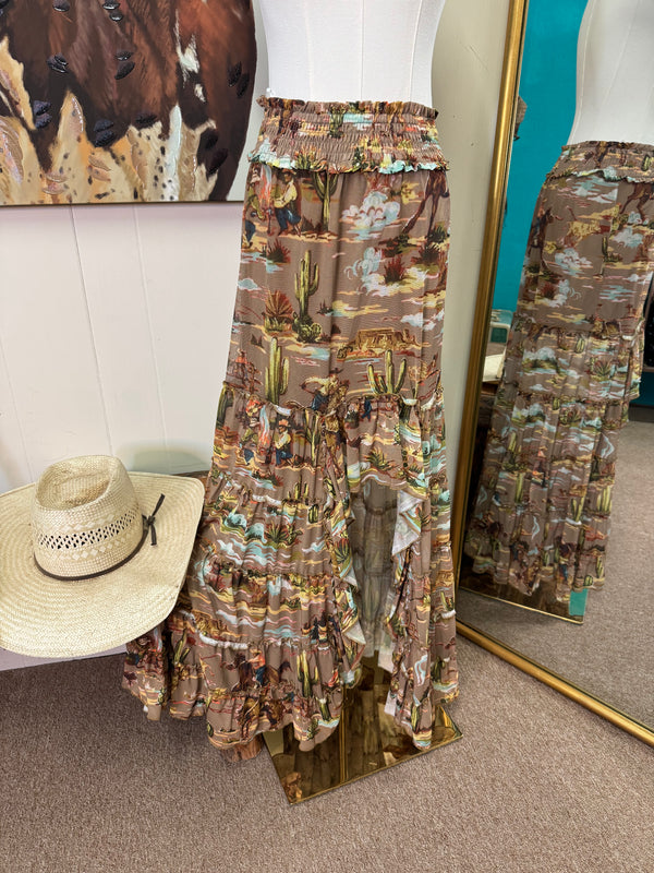 Taupe Cowboy print mesh tiered ruffle maxi skirt