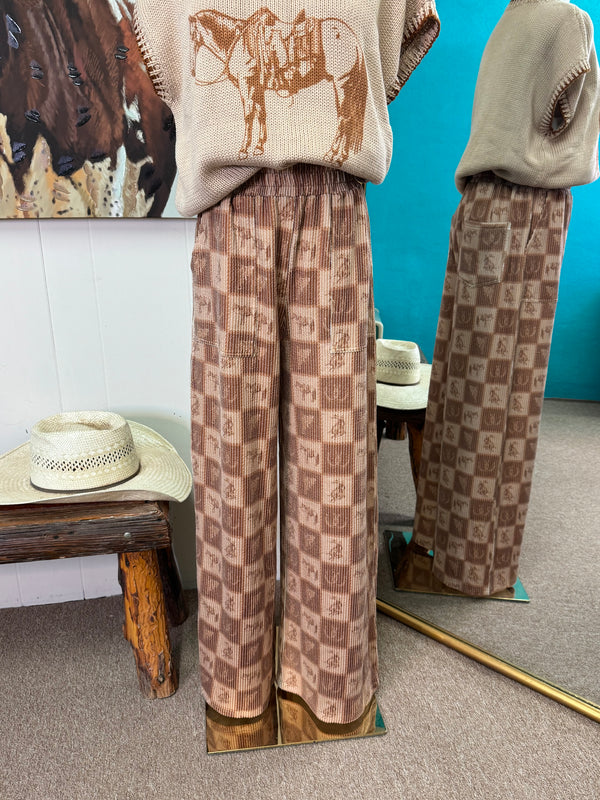 The Cozy Cowpony pants with brown check western print