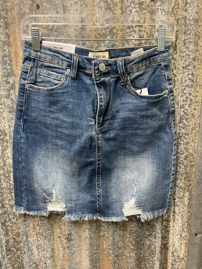 Denim mid rise frayed hem Skirt