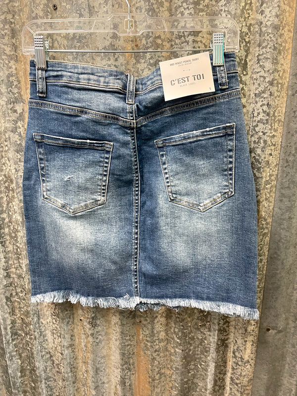 Denim mid rise frayed hem Skirt