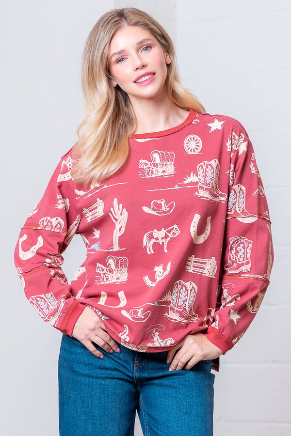 WESTERN PRINTED ROUND NECK LONG SLEEVE TOP