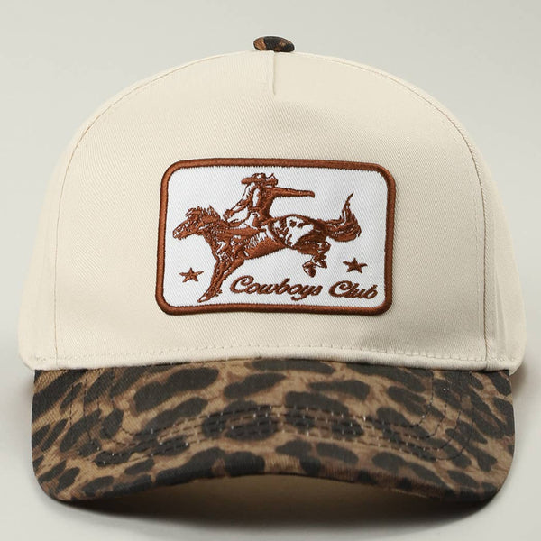 Cowboys Club Embroidered Patch Leopard Brim Trucker Hat: BEIGE / ONE SIZE