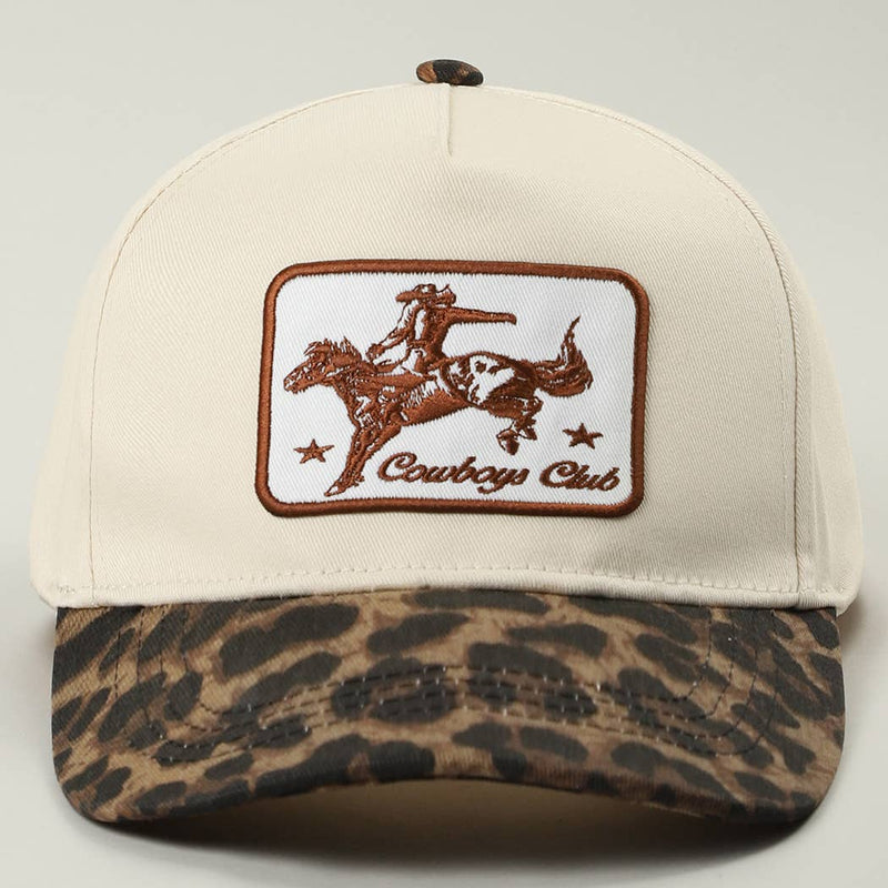 Cowboys Club Embroidered Patch Leopard Brim Trucker Hat: BEIGE / ONE SIZE