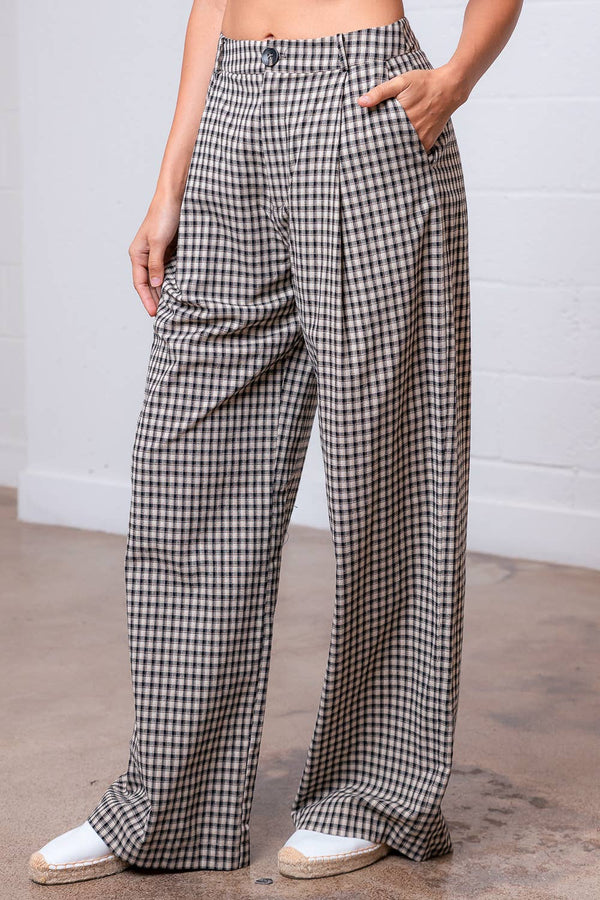PLEATED STRAIGHT GINGHAM PANTS: