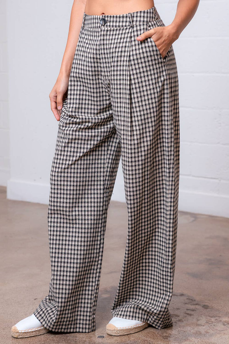 PLEATED STRAIGHT GINGHAM PANTS: